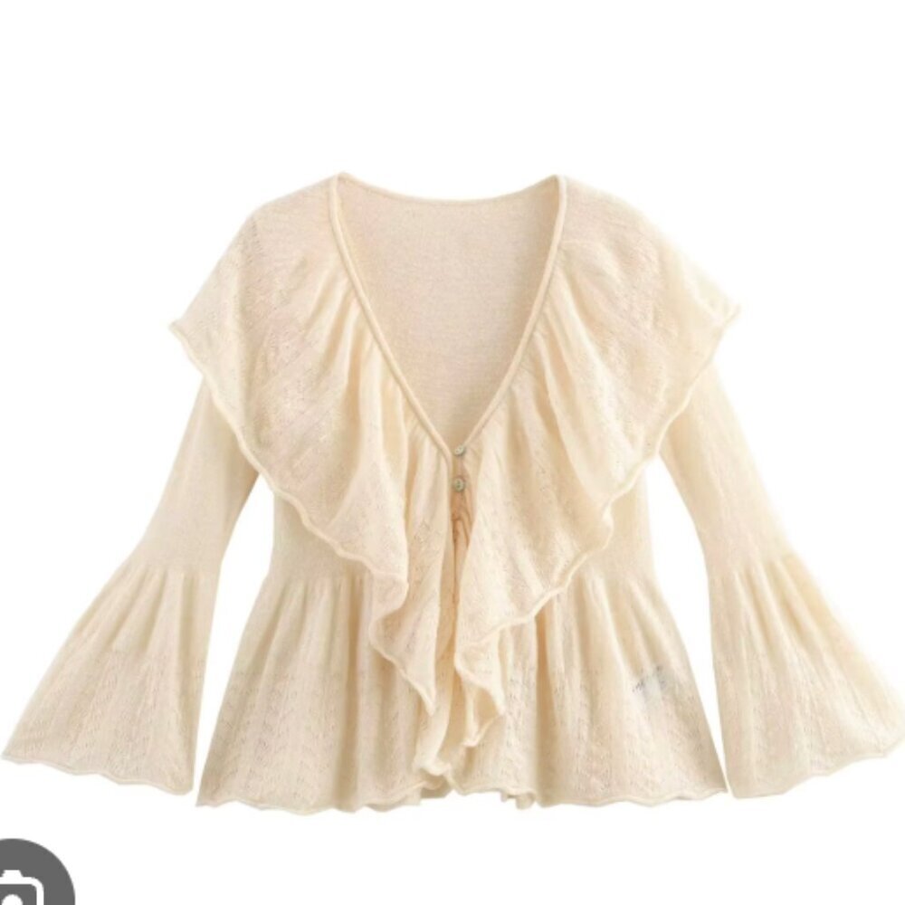 ZARA Cream Ruffle Fairy Button Pointelle Wool Blend Knit Romantic Blouse Top
